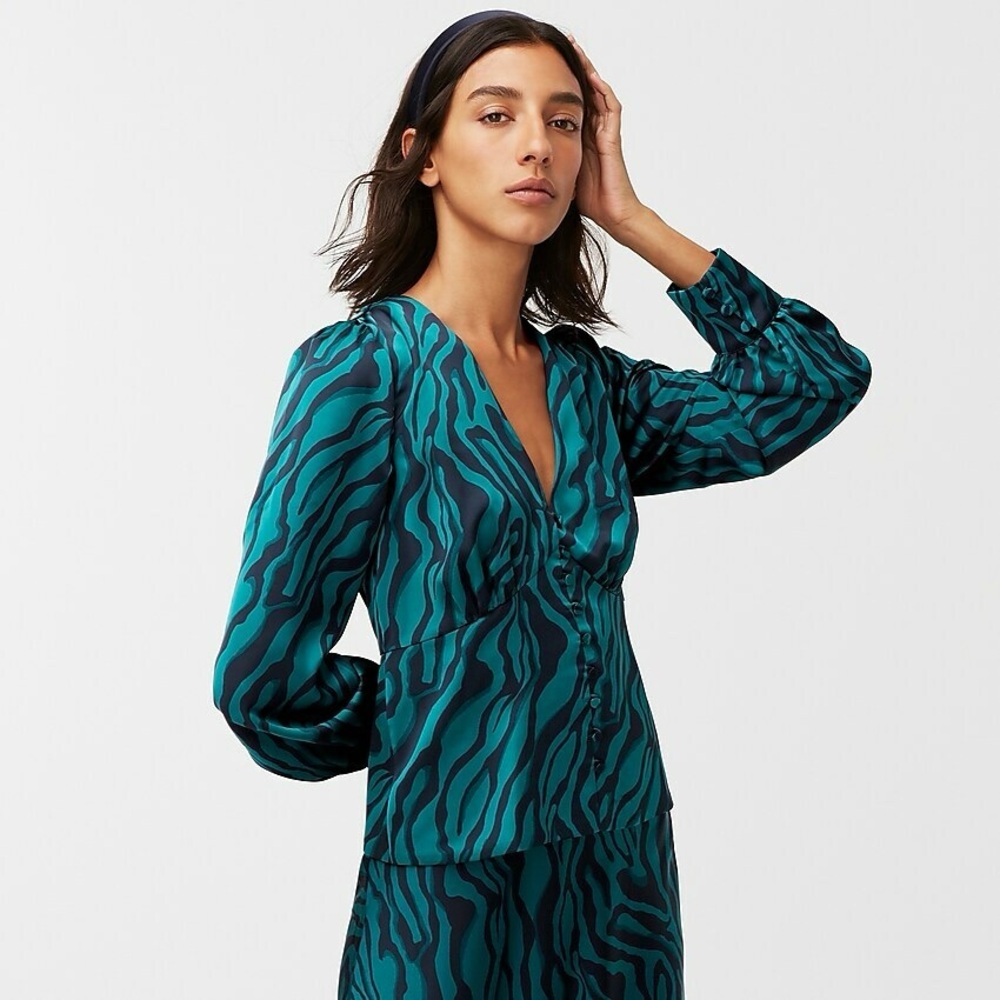 {J Crew} Deep V Neck Button Front Blouse Zebra Stripe In Green